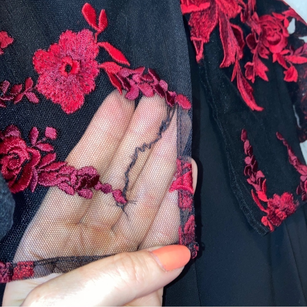 BADGLEY MISCHKA Floral Dress black red  Popover Gown strapless maxi. Size 6 - Picture 14 of 15